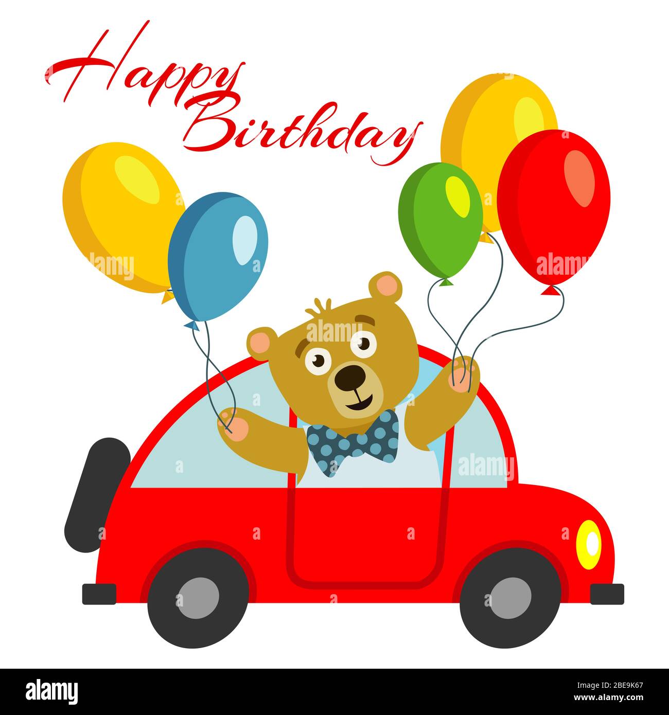 Joyeux Anniversaire Enfants Carte Postale Modele Avec Ours Avec Ballons En Voiture Rouge Illustration Vectorielle Image Vectorielle Stock Alamy