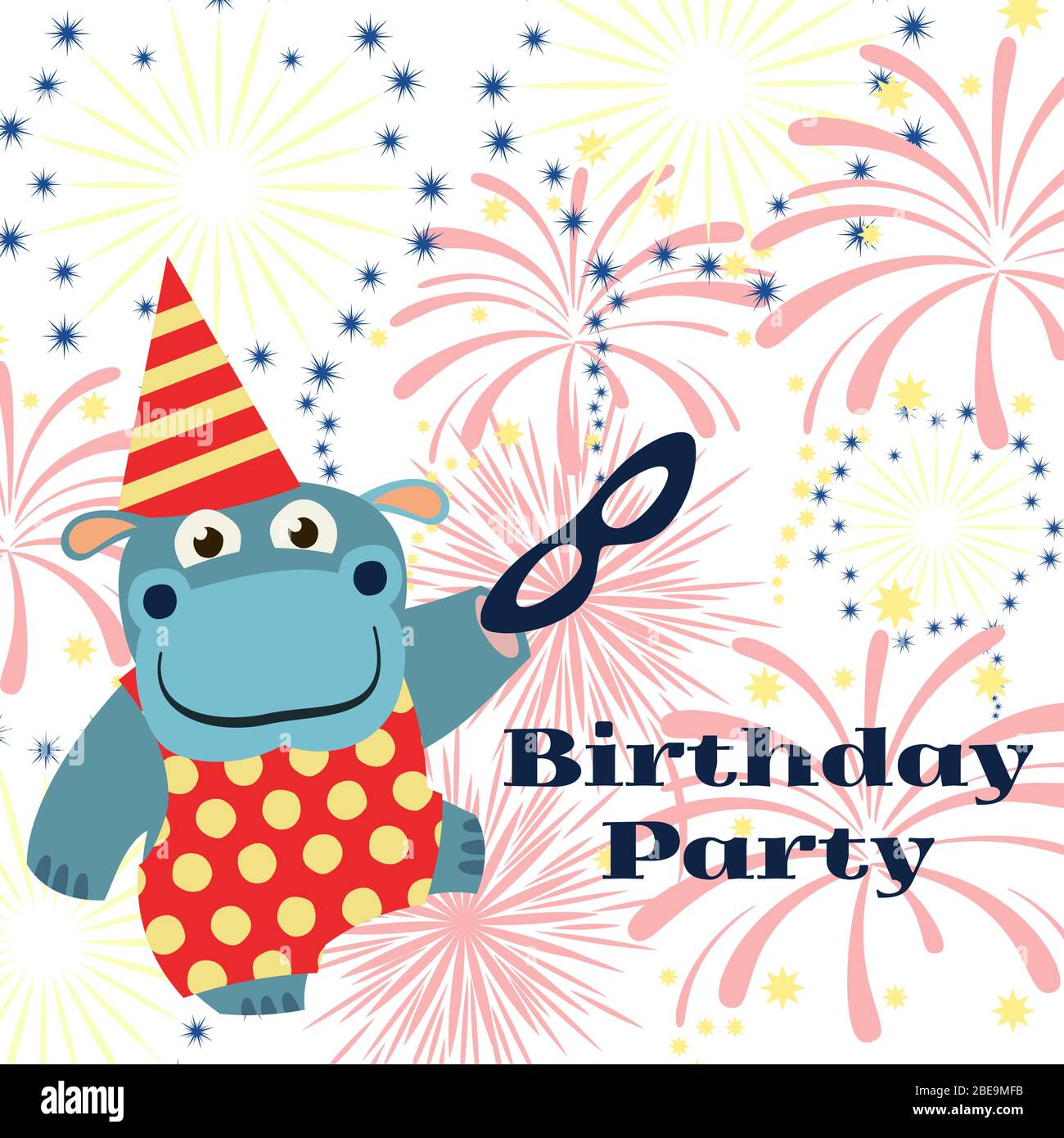 Fête d'anniversaire avec hippo de dessin animé avec masque et feux d'artifice. Illustration vectorielle Illustration de Vecteur