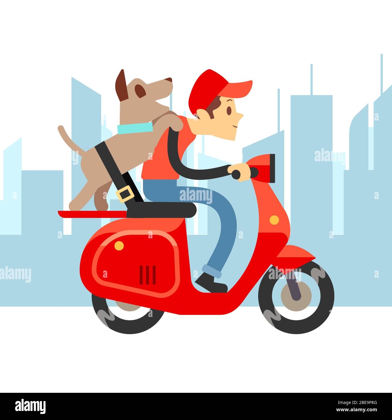 Voyage avec les animaux de compagnie - jeune homme sur moto avec chien et paysage de ville. Garçon avec chien sur une conduite inclinée, illustration vectorielle Illustration de Vecteur