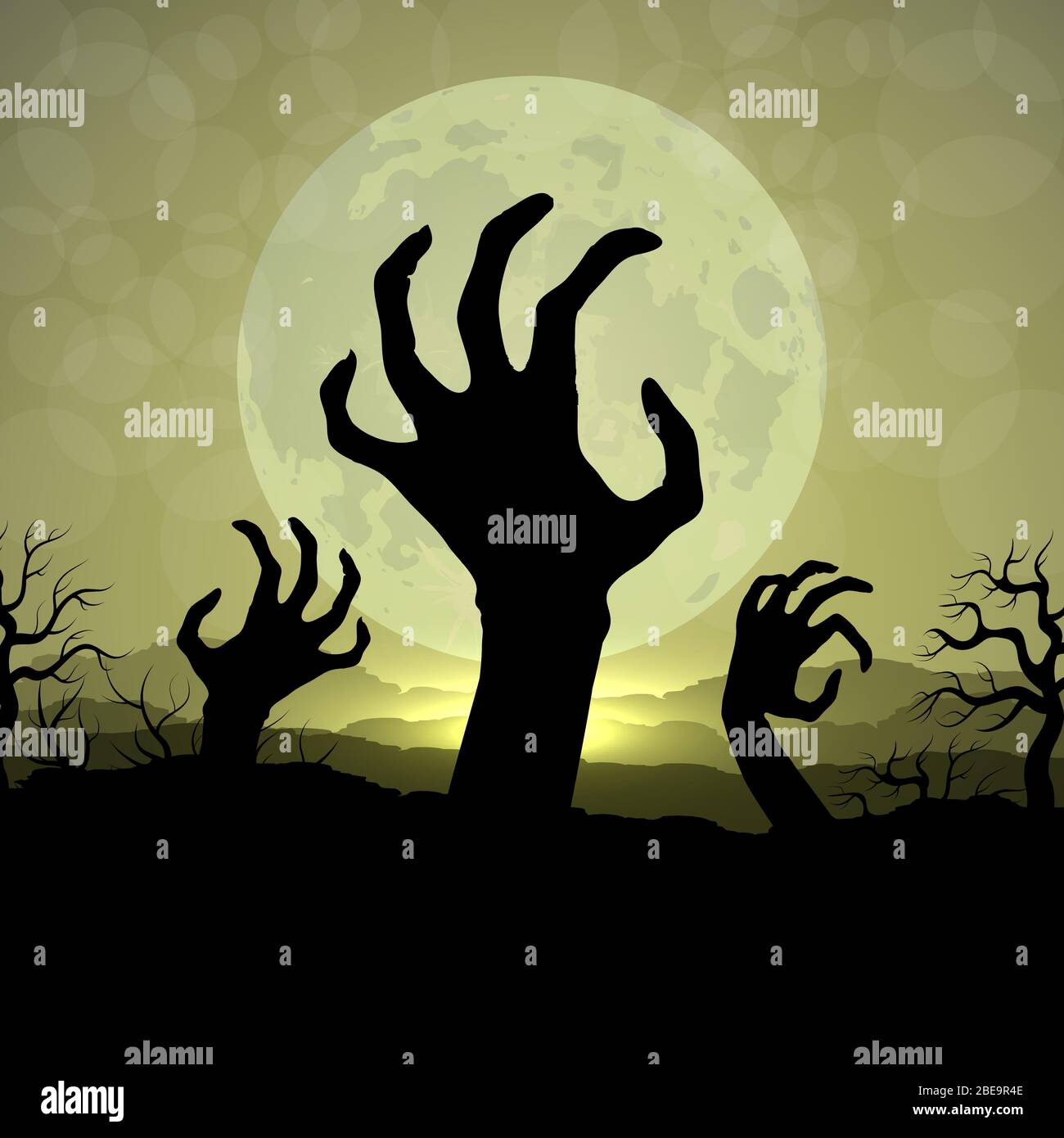 Zombi mains dans la nuit d'Halloween sur le fond de lune. Silhouette de main zombie vectorielle dans l'illustration de nuit halHalloween en clair de lune Illustration de Vecteur