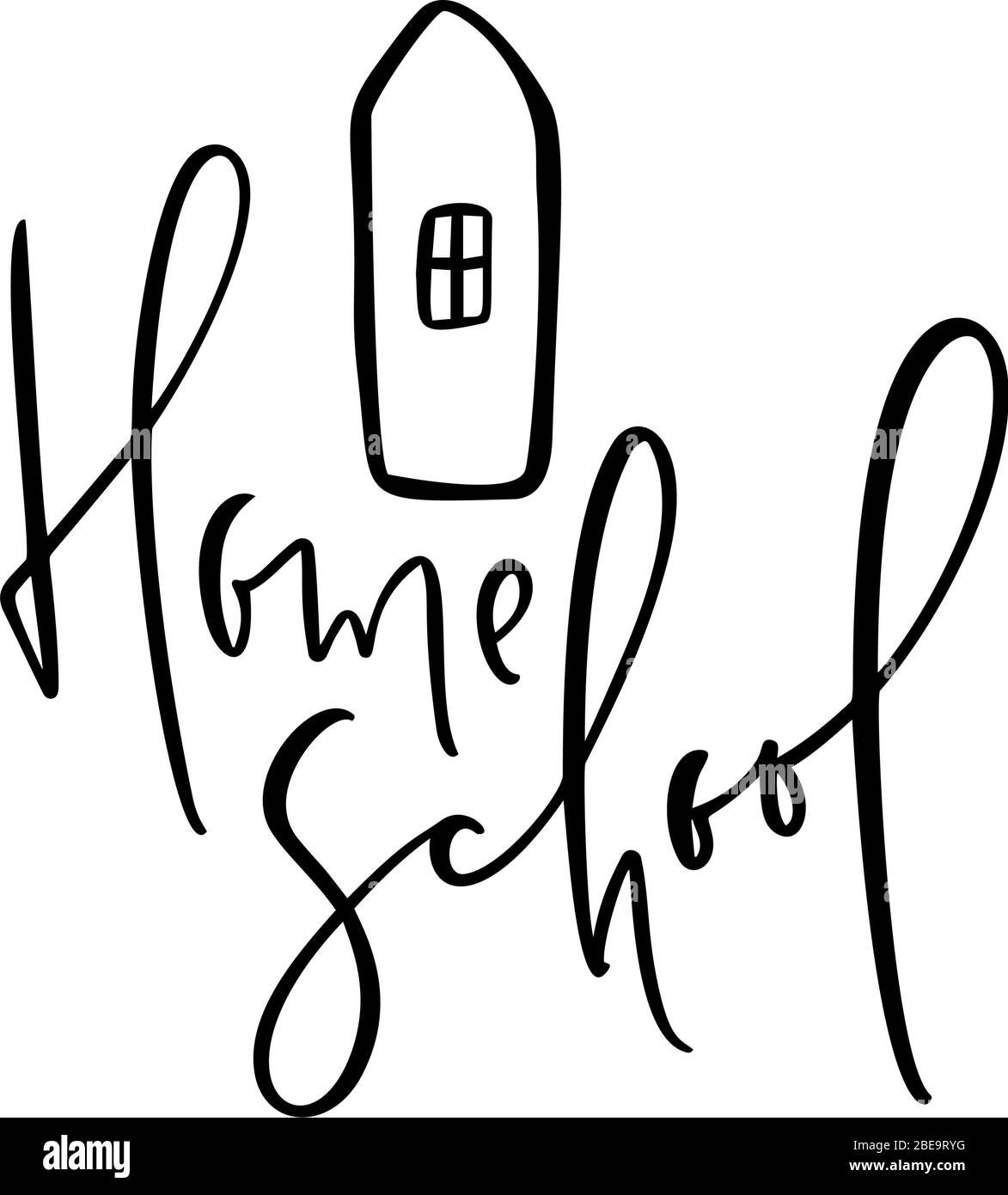 Concept du logo de la scolarité à domicile. Vector Home School calligraphie texte lettrage et icône de maison. Pour étudier à la maison en ligne. Emblème d'illustration de Illustration de Vecteur