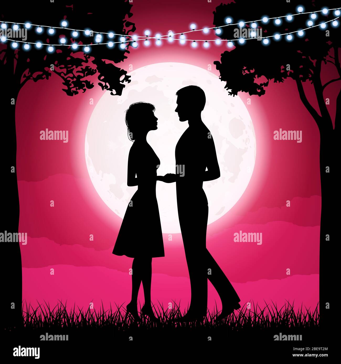 Silhouettes de jeune femme et homme sur le fond de lune. Petite amie et petit ami datant, couple amour, silhouette. Illustration vectorielle Illustration de Vecteur