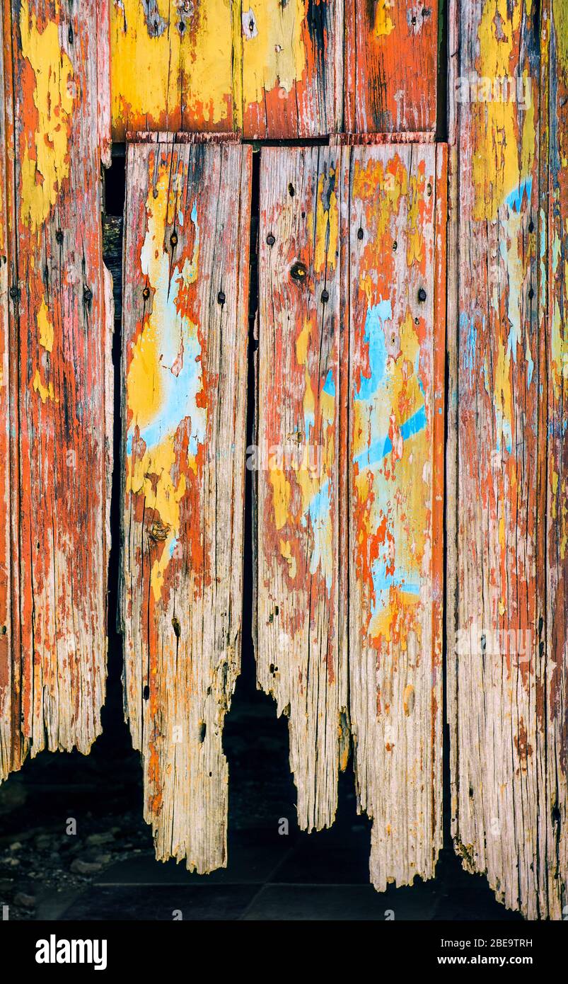 Détail d'une ancienne porte en bois avec peinture écaillée et clous rouillés Banque D'Images