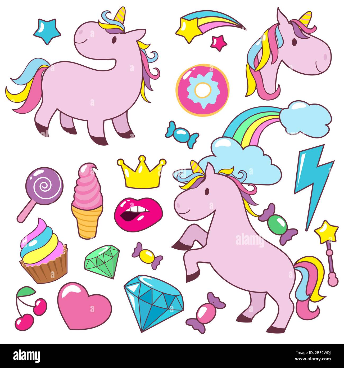 Magic mignons unicorns bébé chevaux vecteur collection de caractères. Illustration du cheval magique unicorn, gâteau et couronne, diamant et crème glacée Illustration de Vecteur