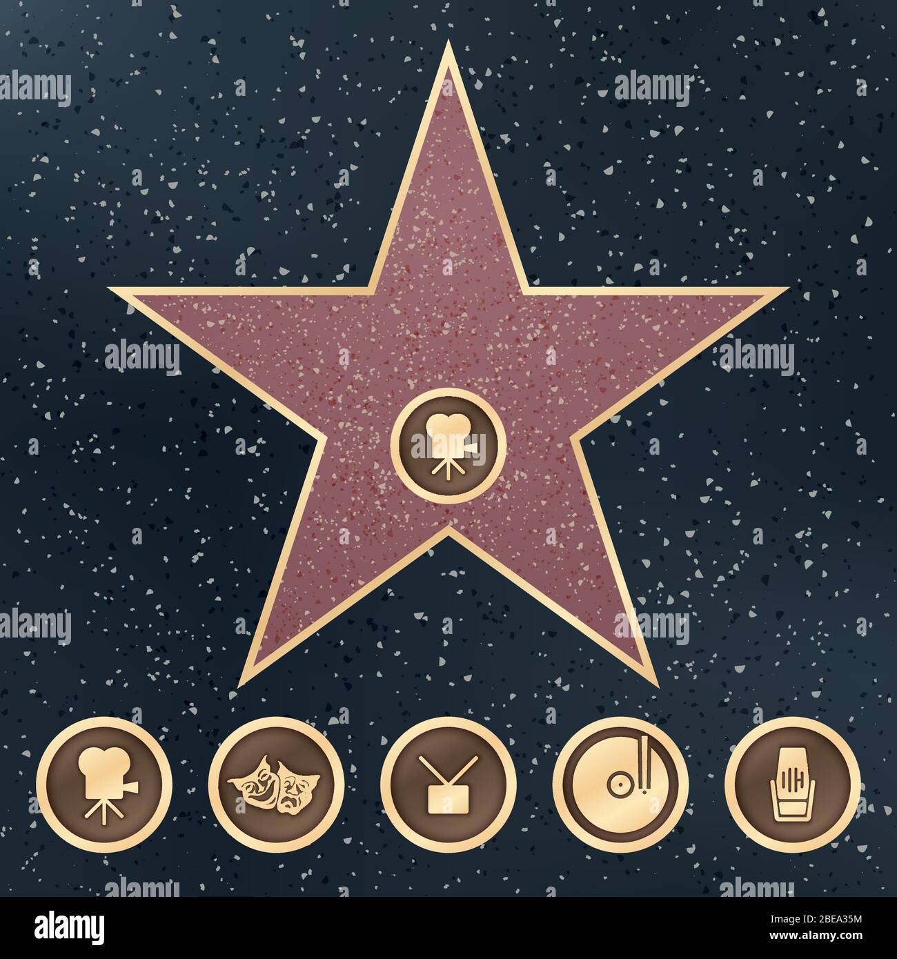 Marchez sur le panneau en granit Star de renommée avec Hollywood Film Academy catégories icônes vectorielles. Illustration de la renommée de promenade sur le trottoir, célèbre étoile et populaire Illustration de Vecteur
