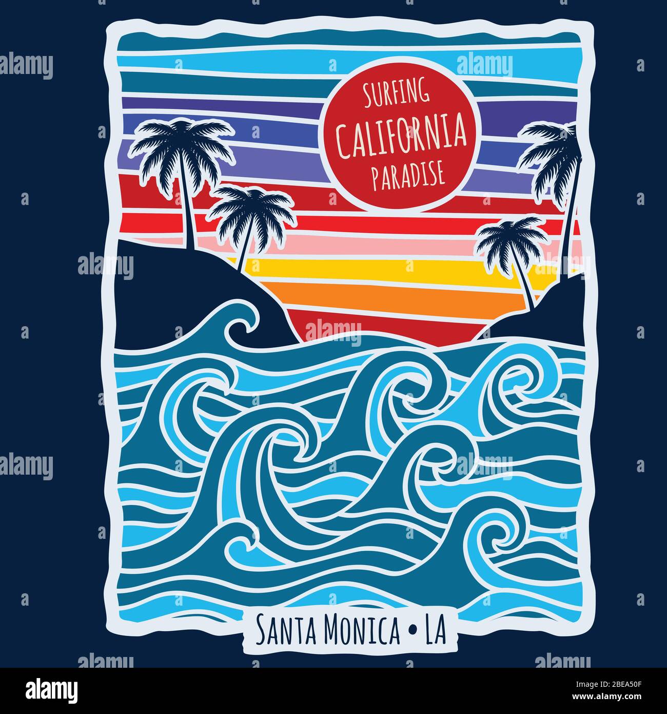 Vintage été californie surf t-shirt imprimé dessin vectoriel. T-shirt avec plage et palmiers tropicaux Illustration de Vecteur