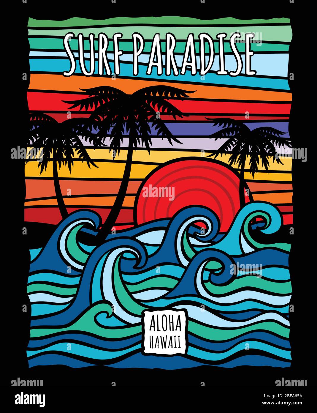 Motif vintage hawaii aloha surf avec vagues de l'océan et palmiers vecteur t-shirt. Surfez sur la vague de l'océan et la paume, arbre dans l'illustration de style vintage couleur Illustration de Vecteur