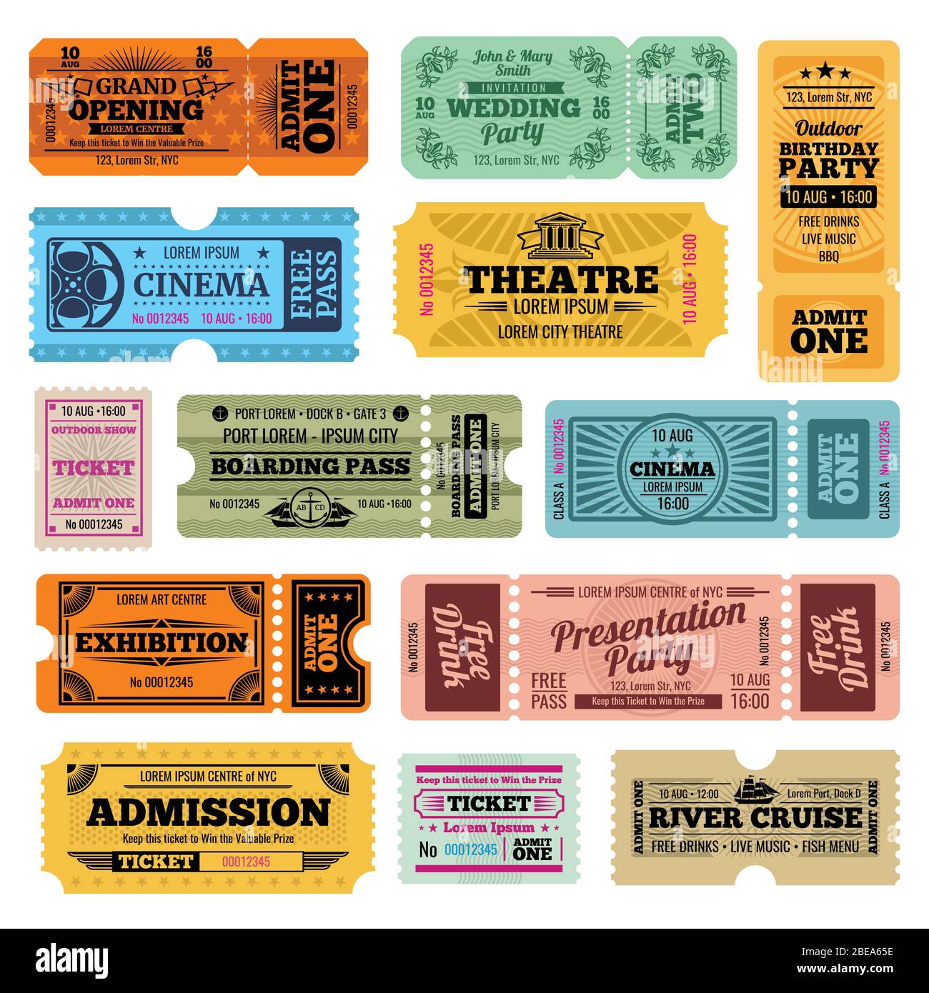 Modèles de billets d'entrée vintage Circus, Party et Cinema Vector. Collection de billets rétro pour le cinéma, le théâtre et l'illustration de la croisière fluviale Illustration de Vecteur