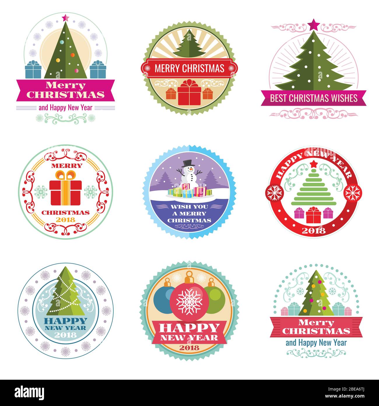 Joyeux noël étiquettes vectorielles. Emblèmes et logos rétro pour les vacances d'hiver. Étiquette plate de noël, illustration du nouvel an 2018 Illustration de Vecteur
