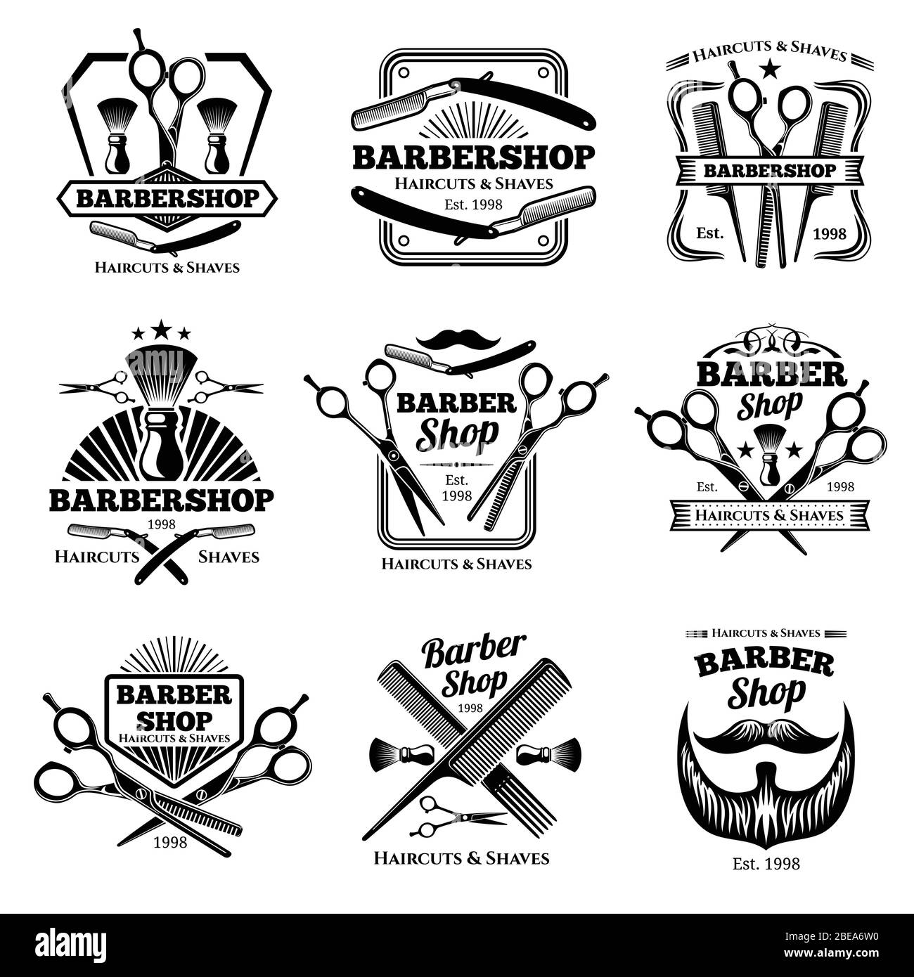Badges vectoriels pour salon de coiffure rétro. Étiquettes modernes pour salons de coiffure et emblèmes pour coiffeur. Illustration de l'emblème du salon de coiffure et de l'insigne du salon de coiffure Illustration de Vecteur