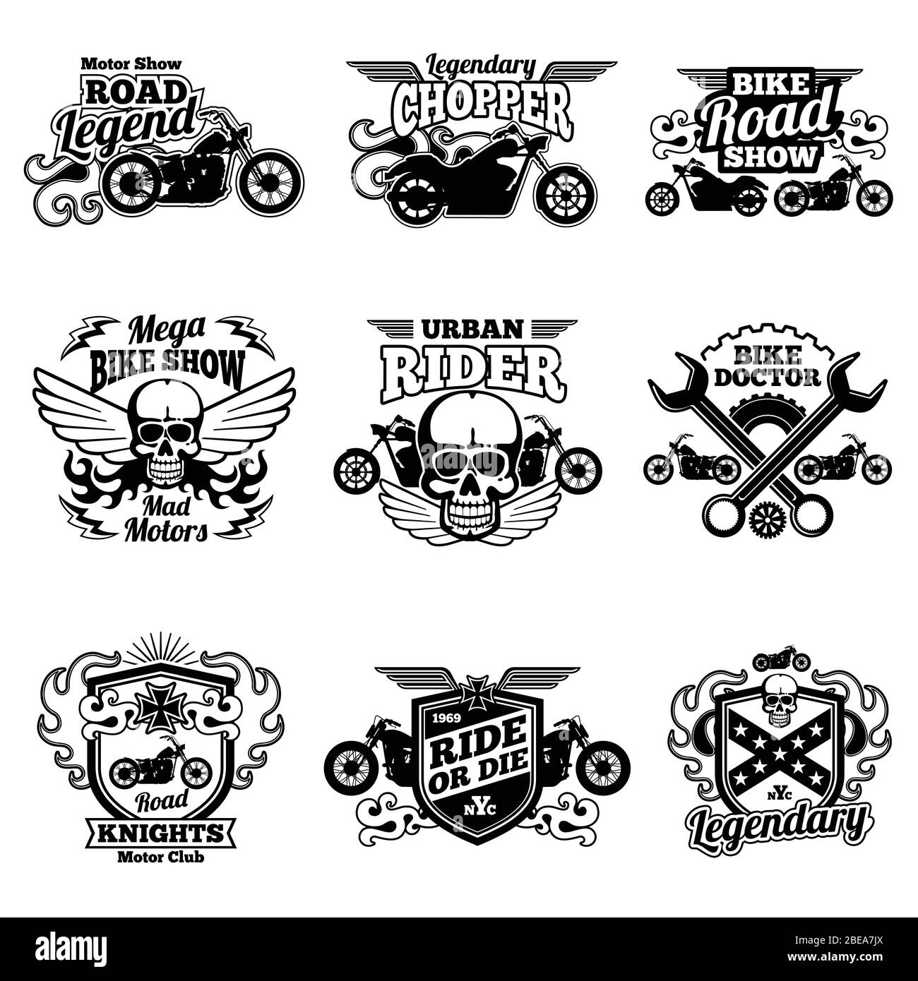 Patchs vectoriels vintage du club moto. Étiquettes et emblèmes de course de moto. Emblème de moto club classique, illustration de broyeur vintage Illustration de Vecteur