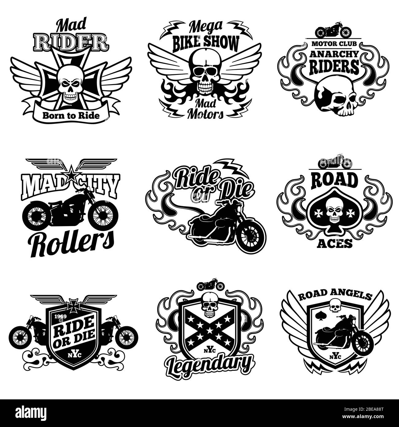 Étiquettes pour motocyclettes anciennes. Badges et logos rétro vectoriels pour moto. Badge moto et moto, emblème vintage pour l'illustration du club moto Illustration de Vecteur