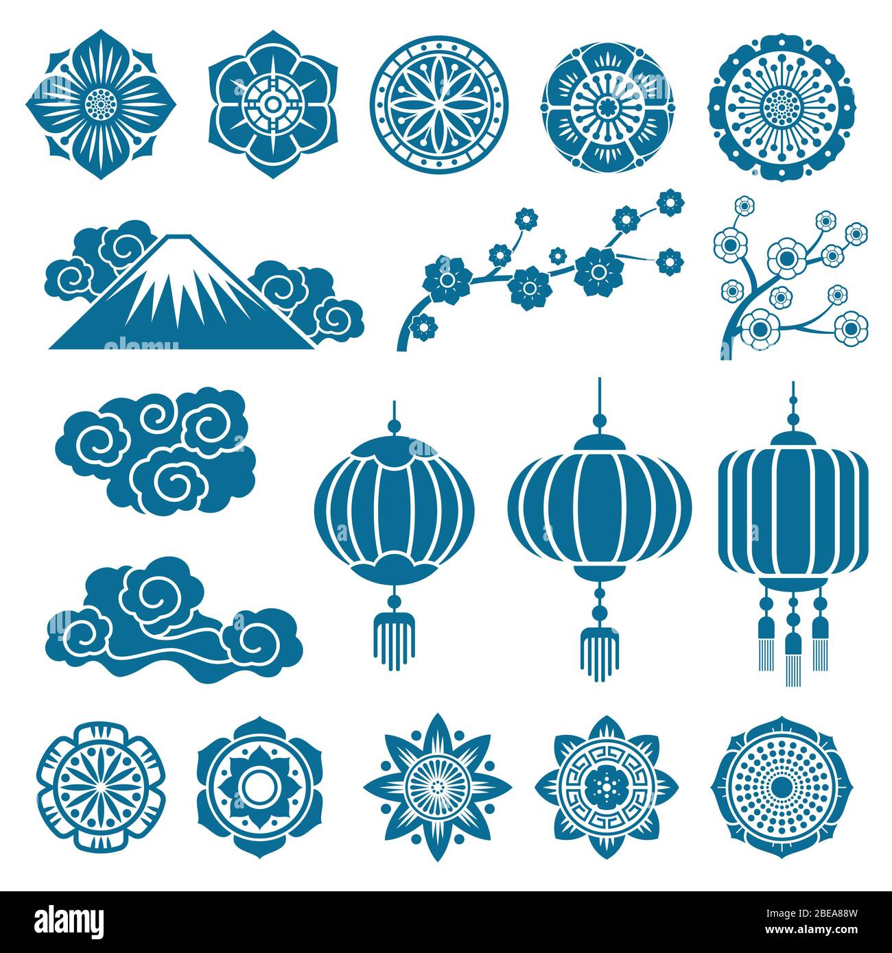 Éléments de motifs vectoriels japonais et chinois de décoration. Illustration de la fleur orientale traditionnelle et de l'ornement Illustration de Vecteur