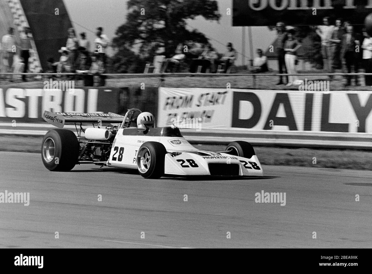 Tom Pryce's Formula Atlantic Motul M1 au championnat Yellow pages qui soutient le Grand prix britannique de 1973. Banque D'Images