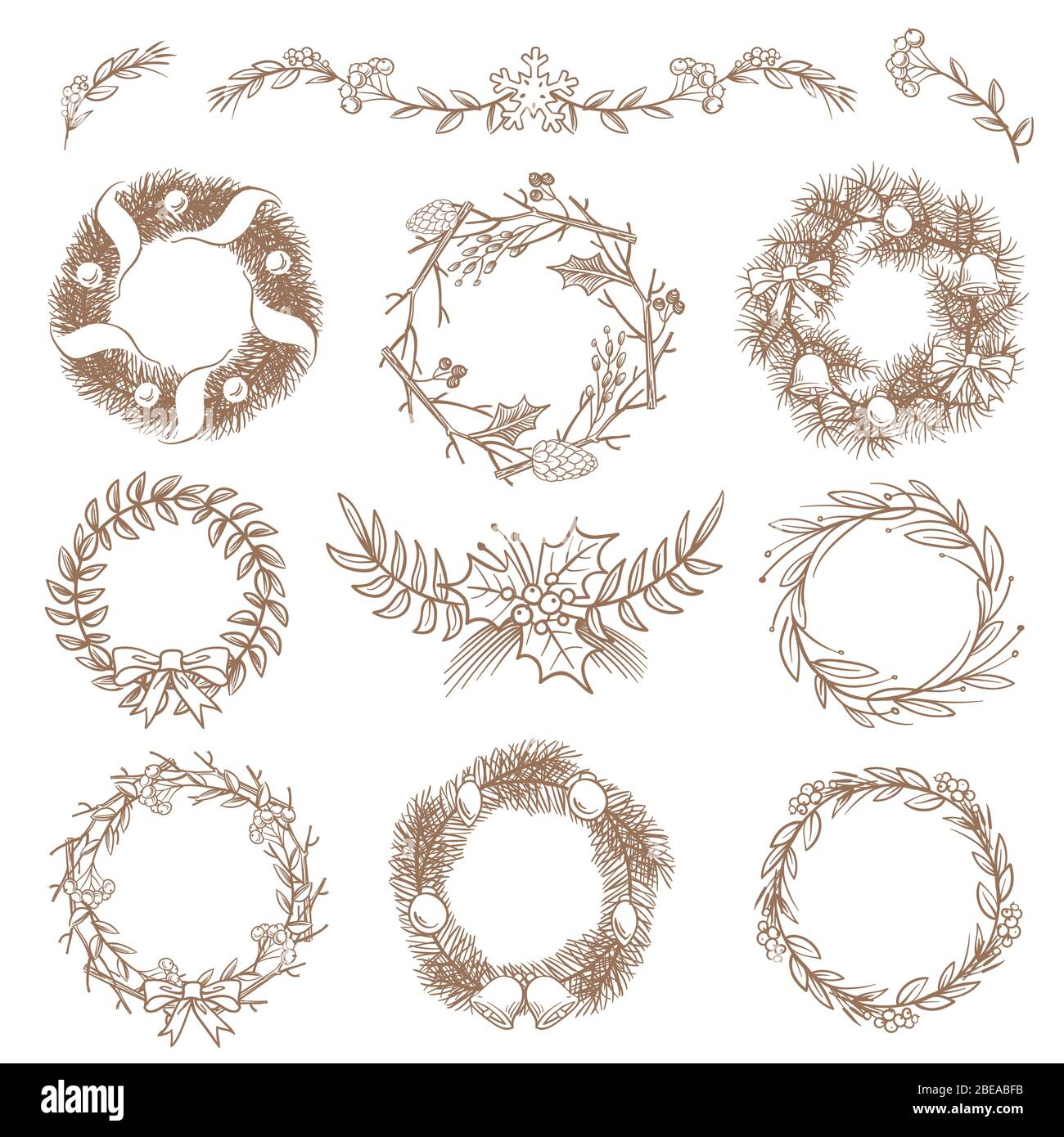 Couronnes dessinées à la main de Noël, cadres de bordure avec éléments de dessin à dessin vectoriel en branches de sapin. Illustration de la couronne de noël Illustration de Vecteur