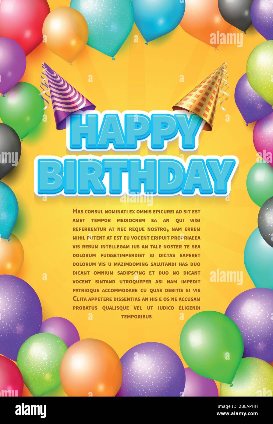 Carte d'invitation à l'anniversaire ou affiche avec chapeaux de fête et ballons de couleur. Affiche anniversaire fête illustration Illustration de Vecteur