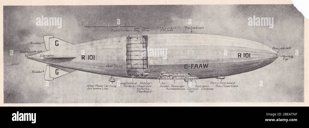 Illustration vintage des années 1930 de l'avion de la R101. Banque D'Images