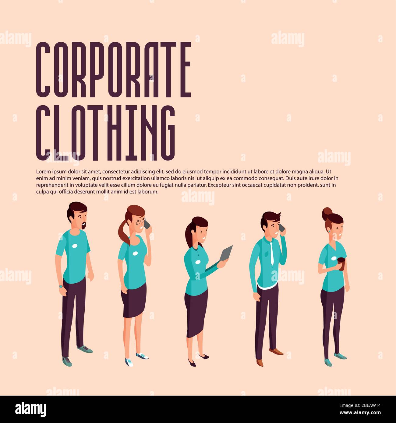 Illustration isométrique des vêtements d'entreprise. Se tenir debout dans une robe de couleur sur fond coloré vecteur Illustration de Vecteur
