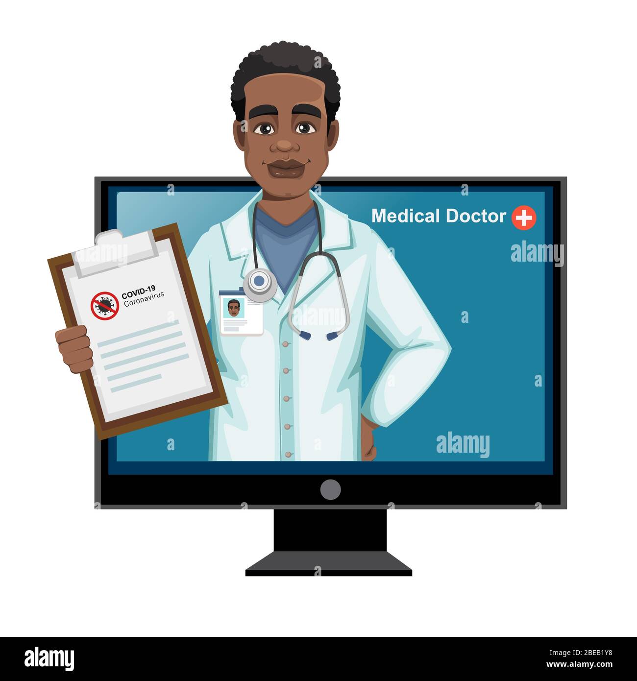 Médecin afro-américain travaillant à l'hôpital pendant l'éclosion de coronavirus Covid-19. Personnage de dessin animé du médecin. Illustration vectorielle Illustration de Vecteur