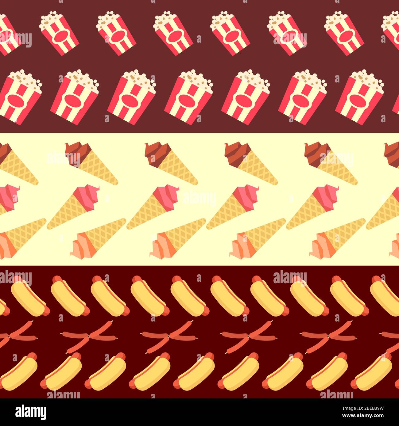 Collection de bordures sans coutures Fast food - glace. Hot dogs et texture popcorn . Illustration vectorielle Illustration de Vecteur