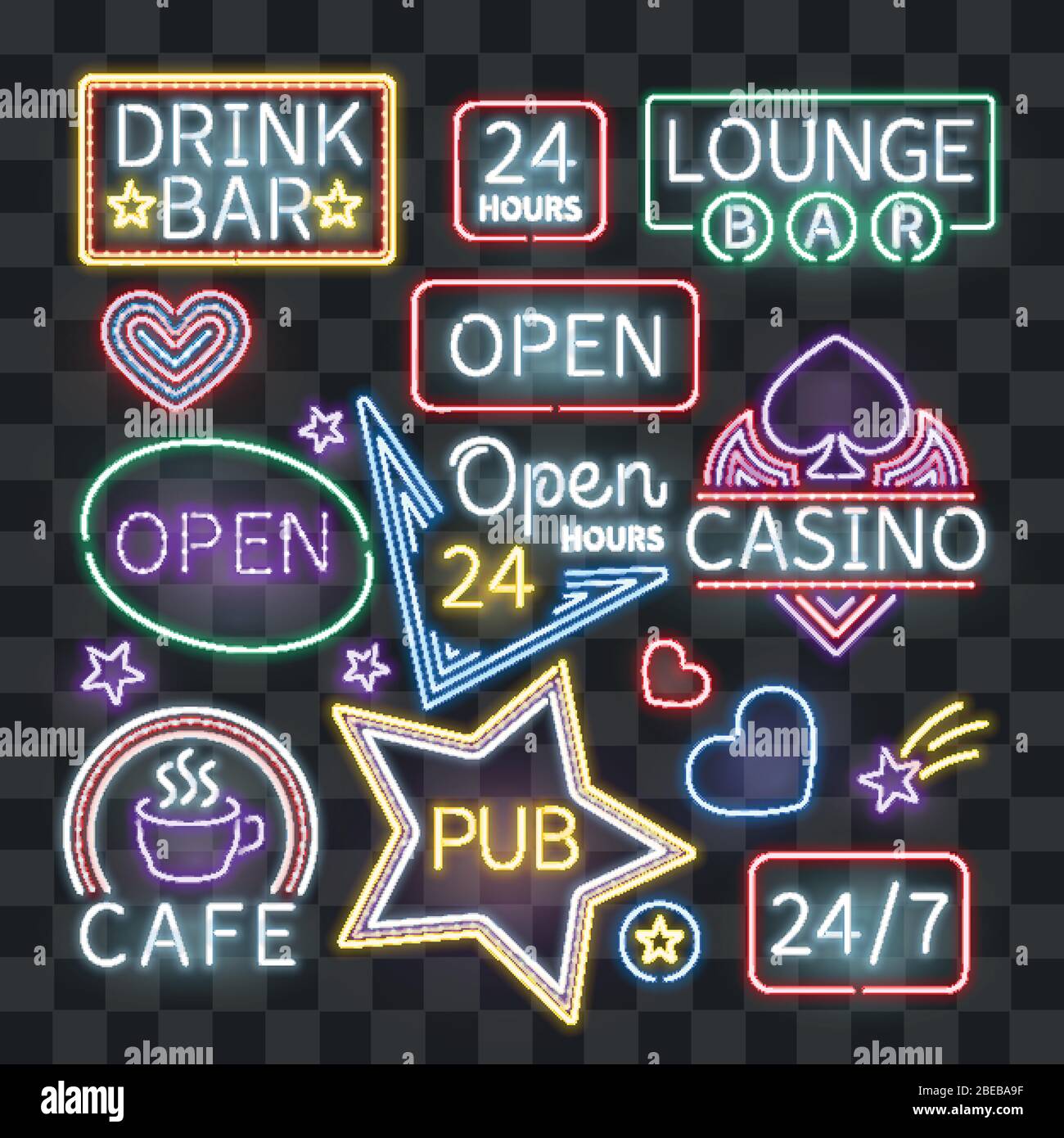 Panneaux d'éclairage réalistes au néon isolés sur fond transparent. Panneau lumineux lumineux café et pub, illustration vectorielle Illustration de Vecteur