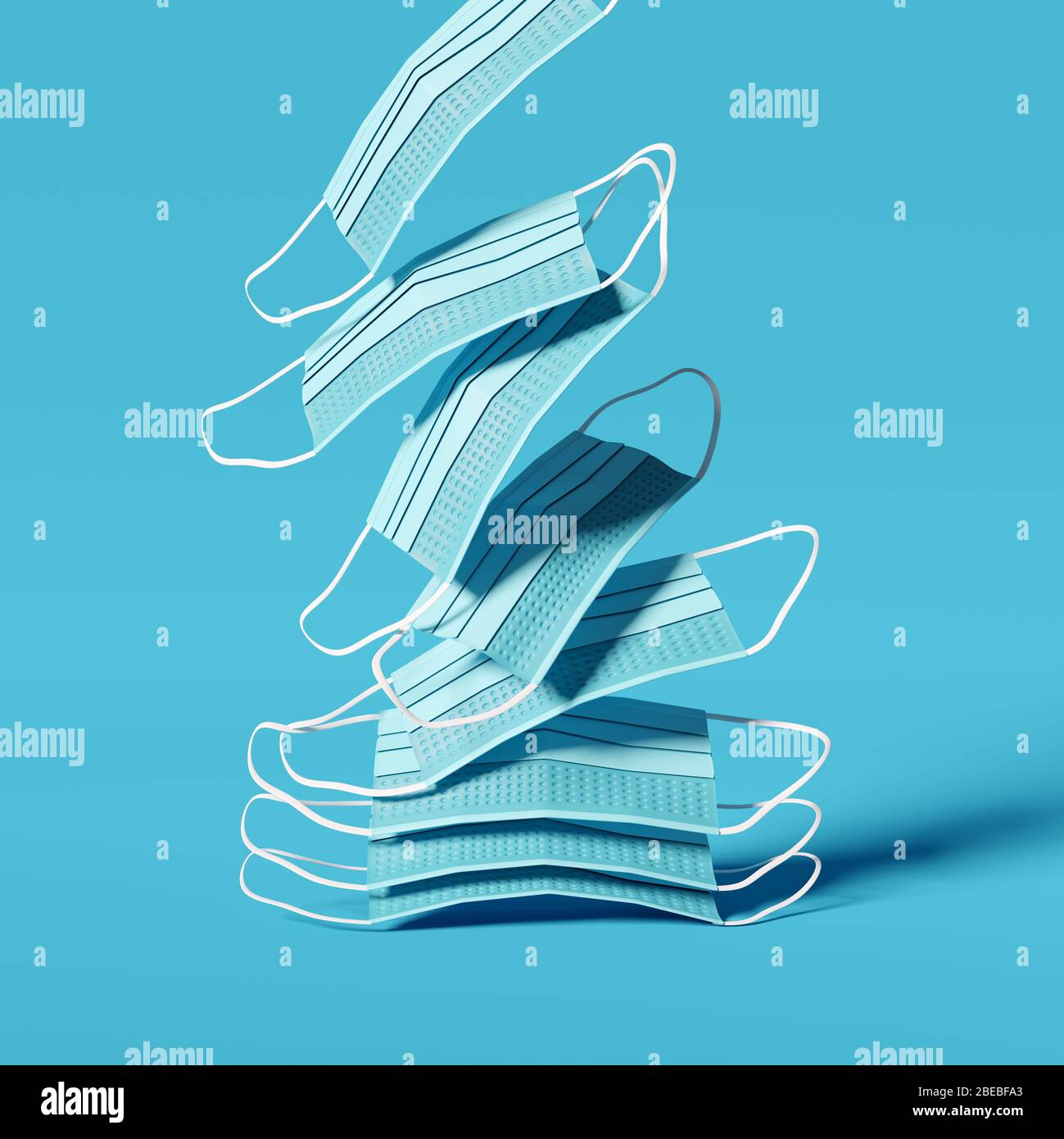 Une pile de masques médicaux de protection, concept de pandémie de coronavirus Covid-19. Illustration tridimensionnelle. Banque D'Images