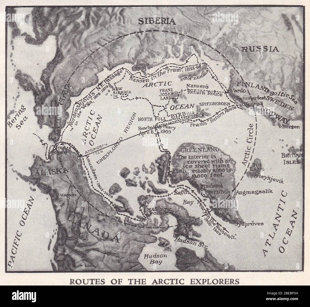 Carte des itinéraires des explorateurs de l'Arctique des années 1930. Banque D'Images