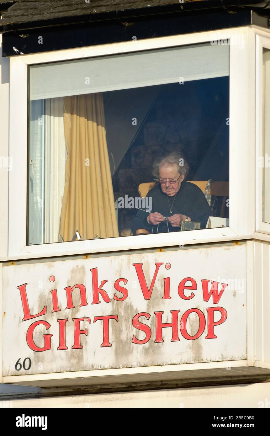 Une vieille dame assise dans une baie au premier étage au-dessus d'une boutique de cadeaux tricoter, Littlehampton Sussex England UK Banque D'Images