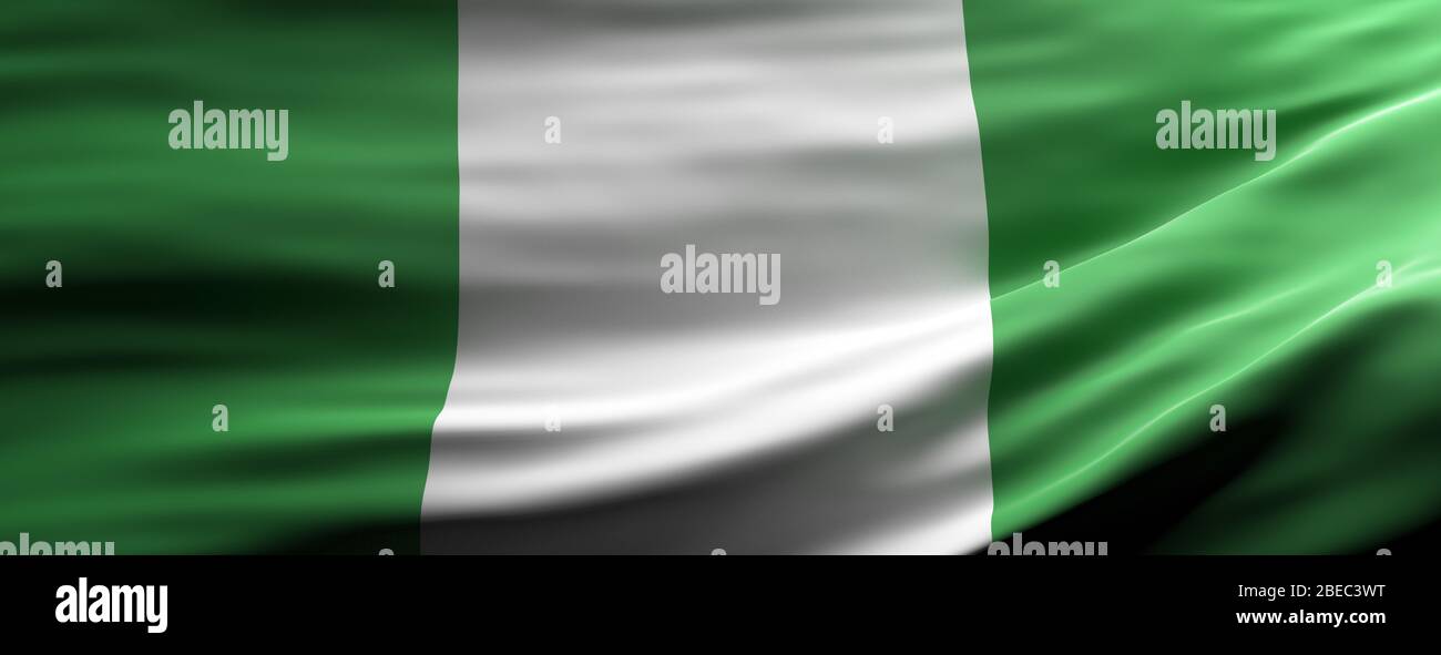 Symbole du signe du Nigeria, drapeau national qui agitant la texture, langue nigériane, concept culturel, bannière. illustration tridimensionnelle Banque D'Images