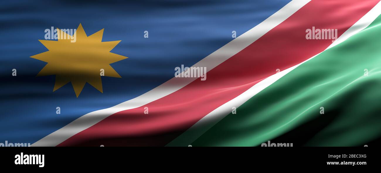 Symbole du signe namibien, drapeau national qui agrée la texture, langue namibienne, concept culturel, bannière. illustration tridimensionnelle Banque D'Images