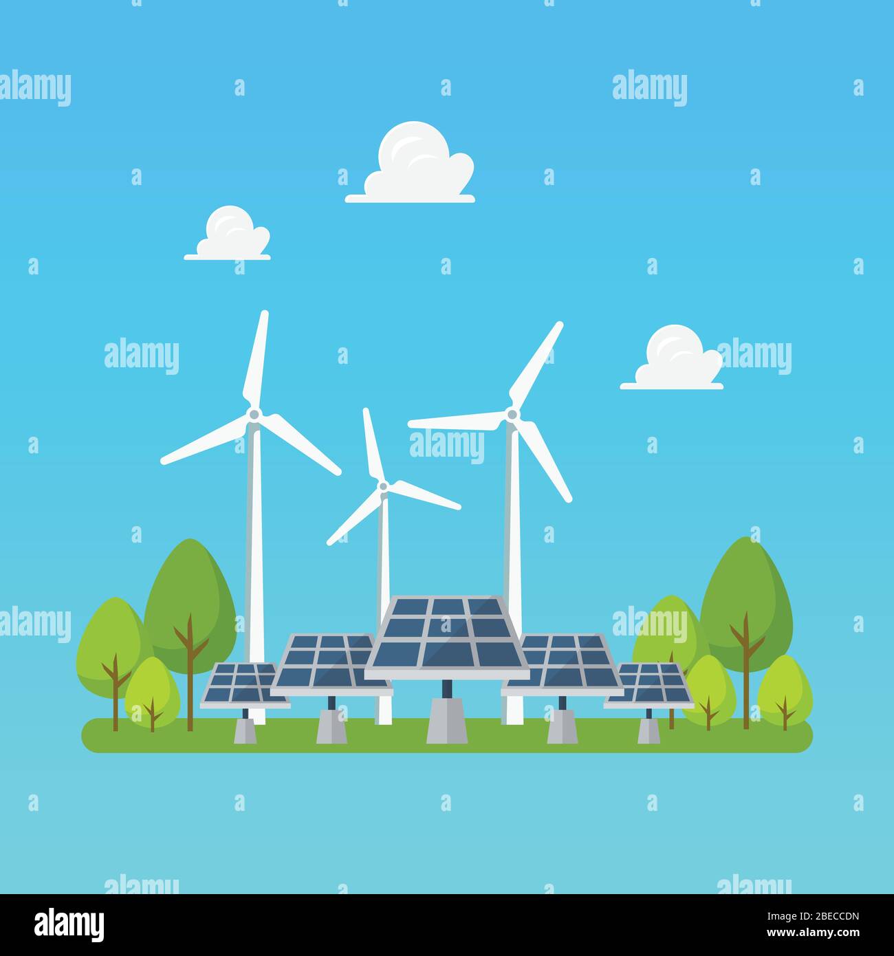 Éoliennes et panneaux solaires à énergie verte. Illustration vectorielle de style plat. Illustration de Vecteur