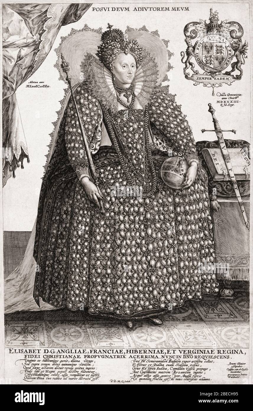 Elizabeth I, 1533 - 1603. Reine d'Angleterre. A partir d'une gravure du XVIIe siècle par Crispijn van de Passe l'Elder après une oeuvre d'Isaac Oliver. Banque D'Images