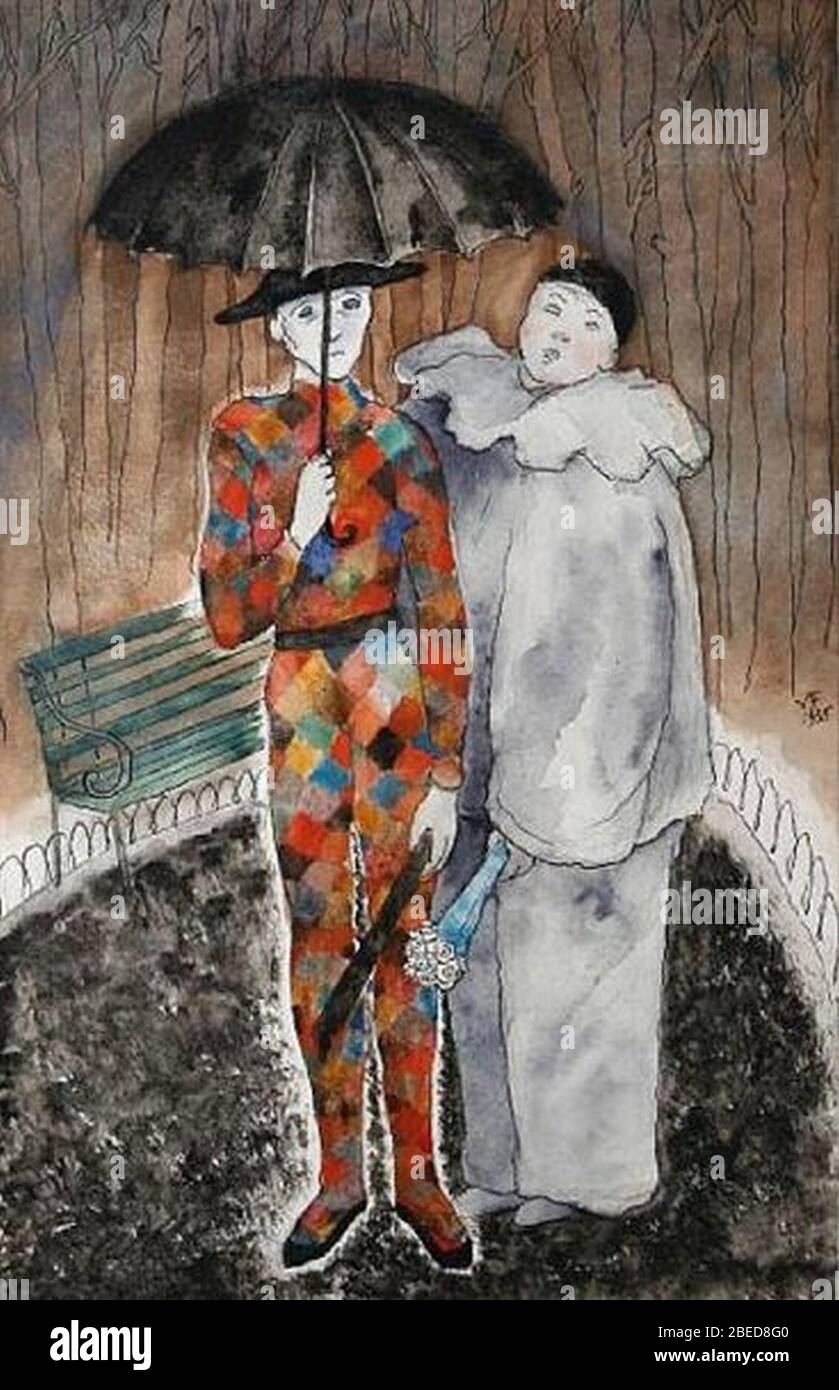 Arlequin et Pierrot dans la pluie. Banque D'Images