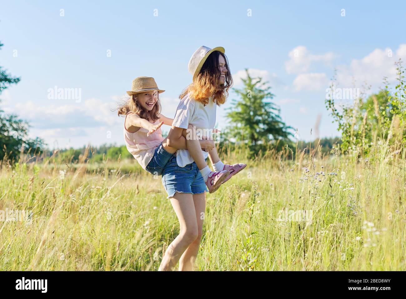 Heureux riant les enfants jouant dans la prairie, deux filles soeurs ayant plaisir dans la nature Banque D'Images