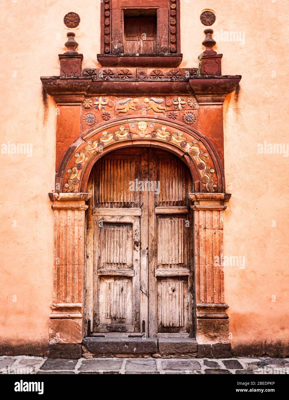 Détail de la Capilla de San Miguel Viego (Chapelle du Vieux San Miguel) près de San Miguel de Allende, Guanajuato, Mexique. Banque D'Images