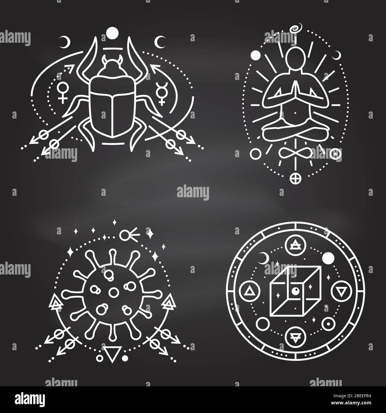 Symboles ésotériques. Vecteur. Écusson géométrique en fines lignes sur tableau de surveillance. Icône de contour pour l'alchimie, géométrie sacrée. Mystic, design magique avec l'homme dans le yoga lotus pose, scarabée dendroctone, coronavirus, cube Illustration de Vecteur