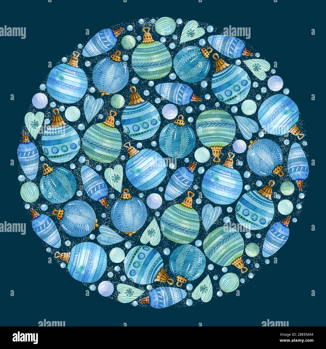 Cadre rond aux couleurs de Noël avec boules colorées, coeurs et neige sur fond sombre. Idéal pour les cartes de vœux, les invitations, les bannières et les affiches. Banque D'Images