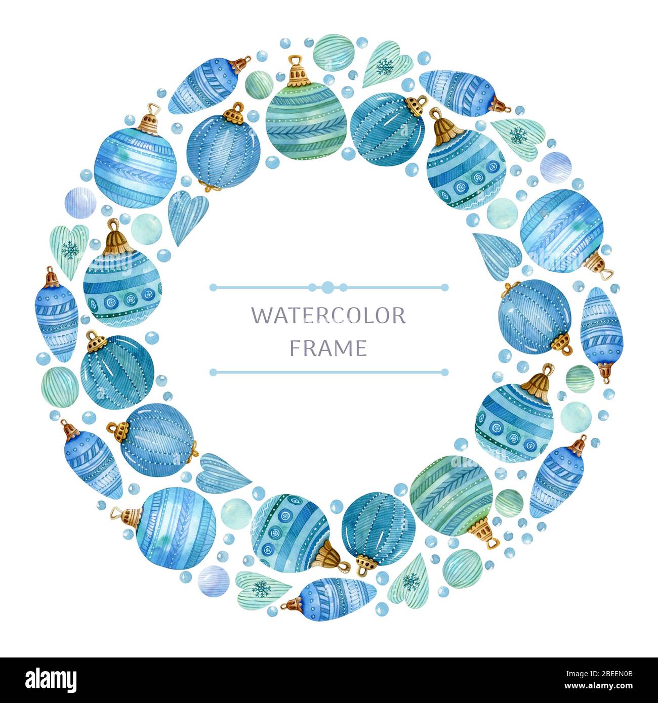 Cadre de Noël en forme de cercle aquarelle avec boules colorées, coeurs et neige sur fond blanc. Idéal pour les cartes de vœux, les invitations et les bannières. Banque D'Images
