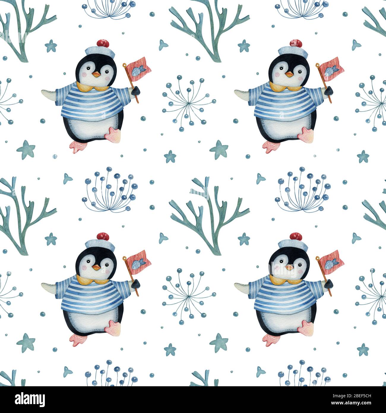 Motif aquarelle sans couture avec pingouins et éléments décoratifs sur fond blanc. Illustration drôle pour les enfants. Idéal pour les textiles pour enfants. Banque D'Images