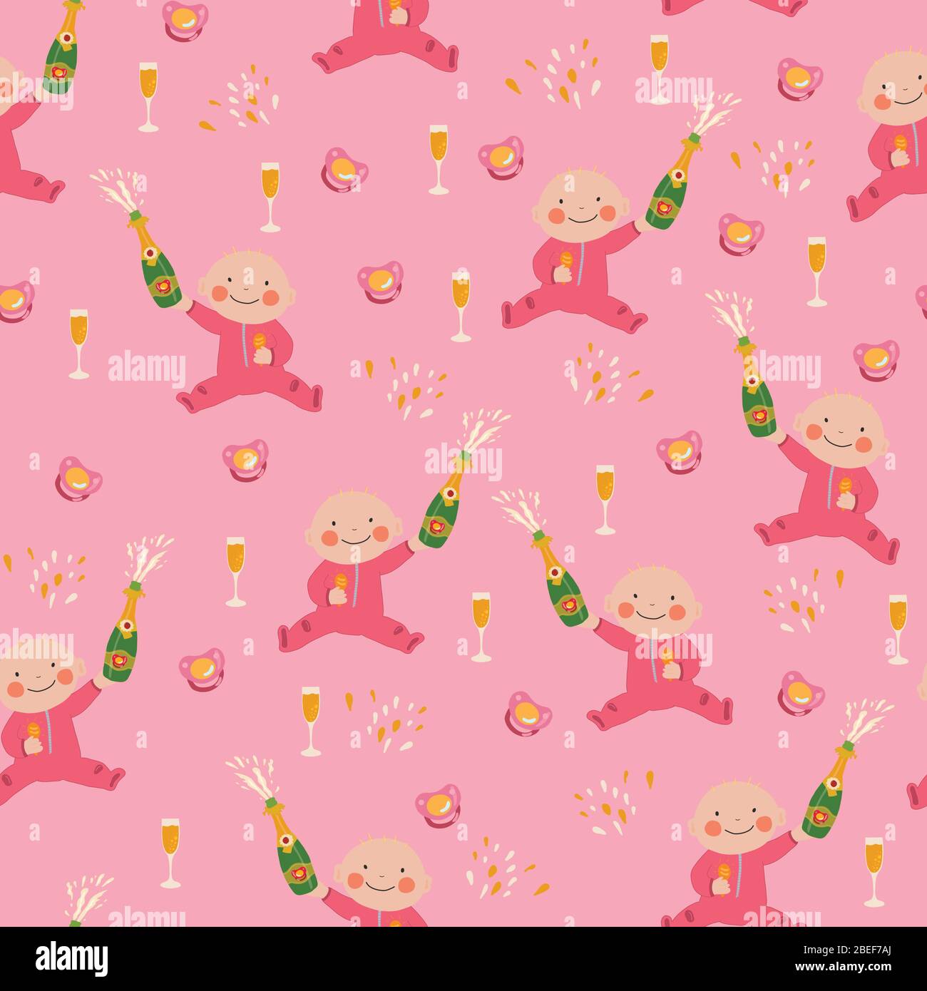 Douche bébé fille sans couture vecteur modèle. Une fillette qui tient une bouteille de champagne, des flûtes à vin et des sucettes qui se répètent sur fond rose. Illustration de Vecteur