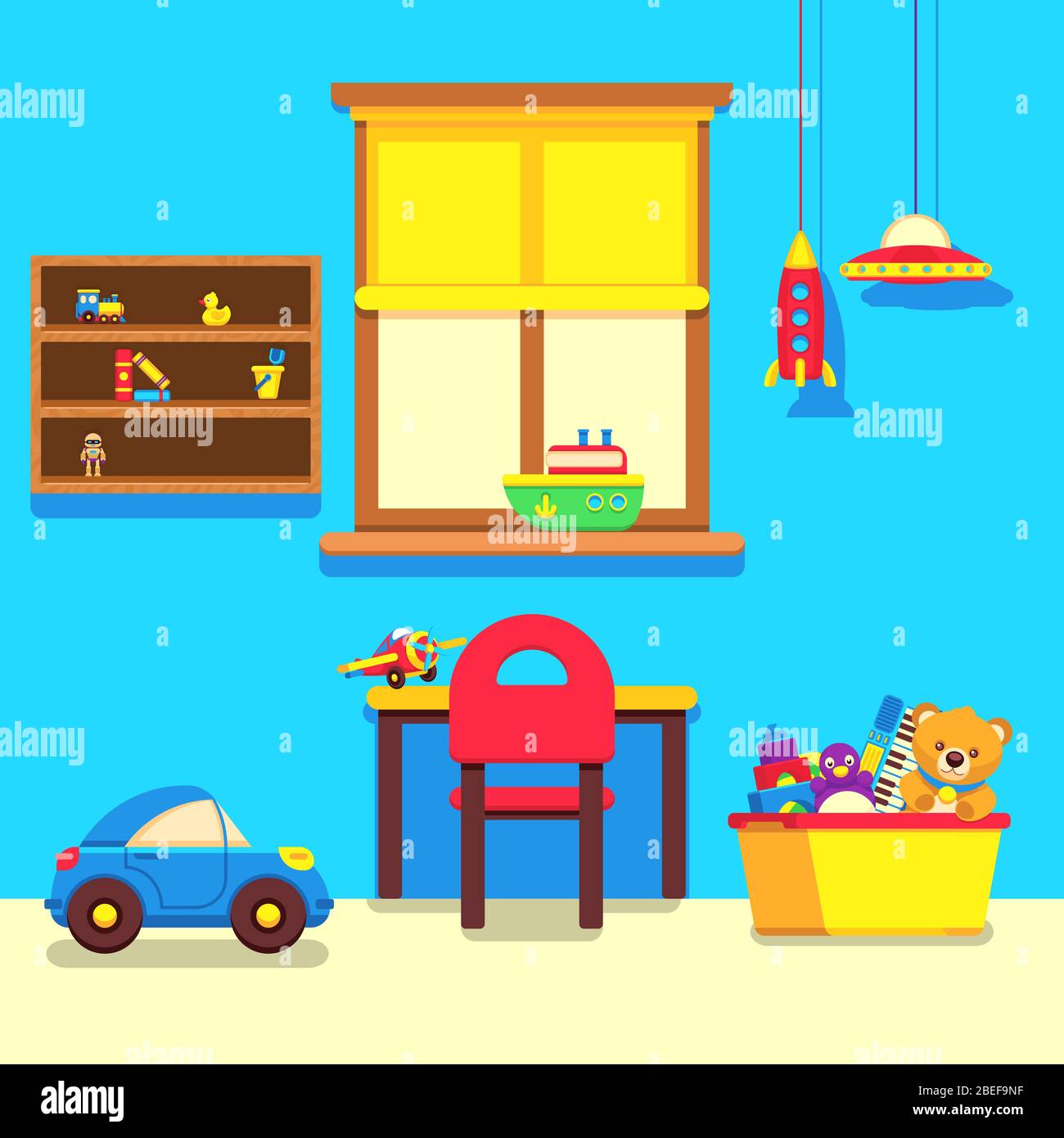 Intérieur de la chambre pour bébé avec fenêtre, espace de travail et collection de jouets. Chambre d'intérieur pour bébé avec meubles et jouets, illustration vectorielle Illustration de Vecteur