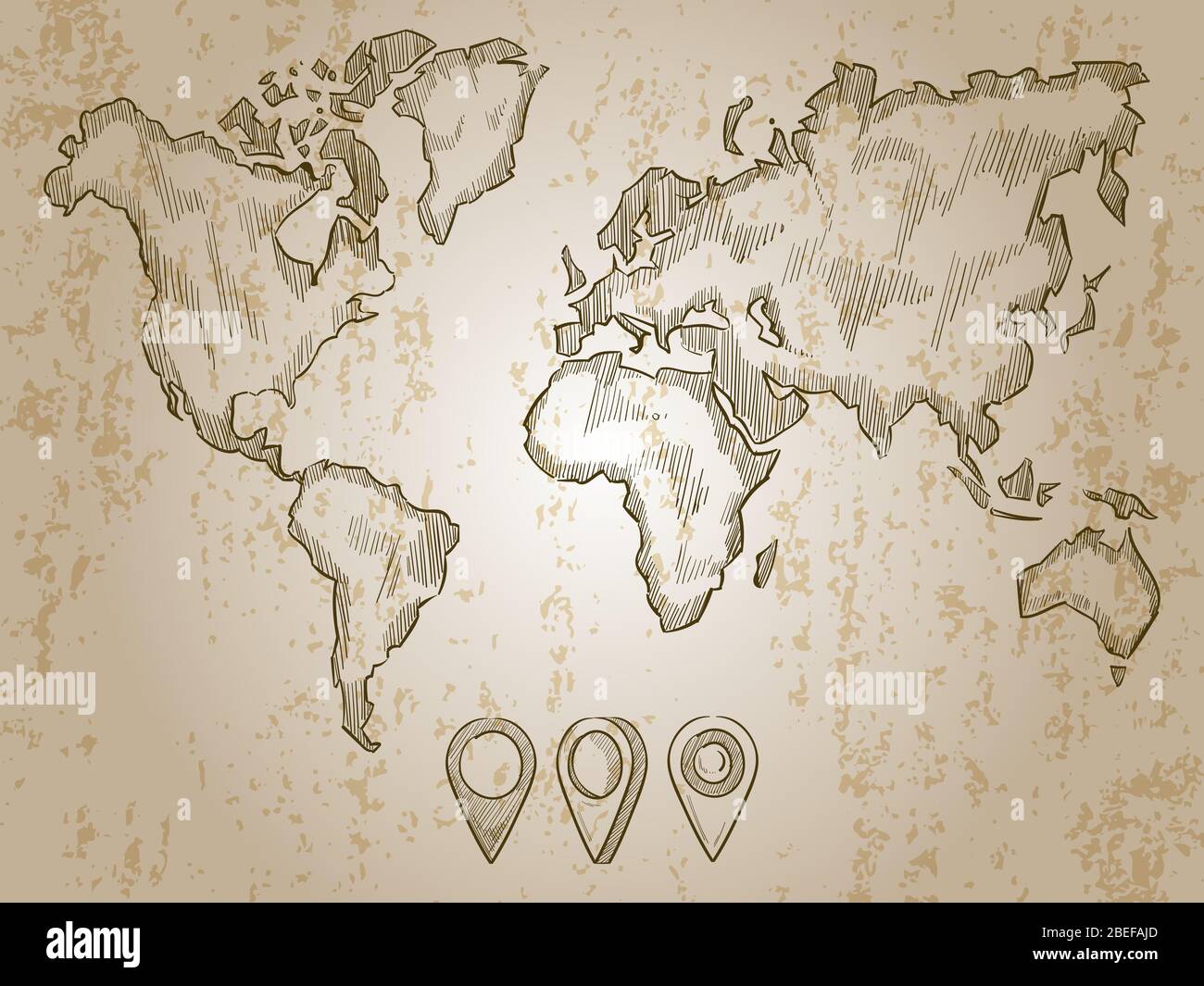 Carte du monde dessinée à la main et épingles de gribouille vintage. Carte du monde, croquis de voyage terrestre, cartographie ancienne ancienne ancienne ancienne, illustration vectorielle Illustration de Vecteur