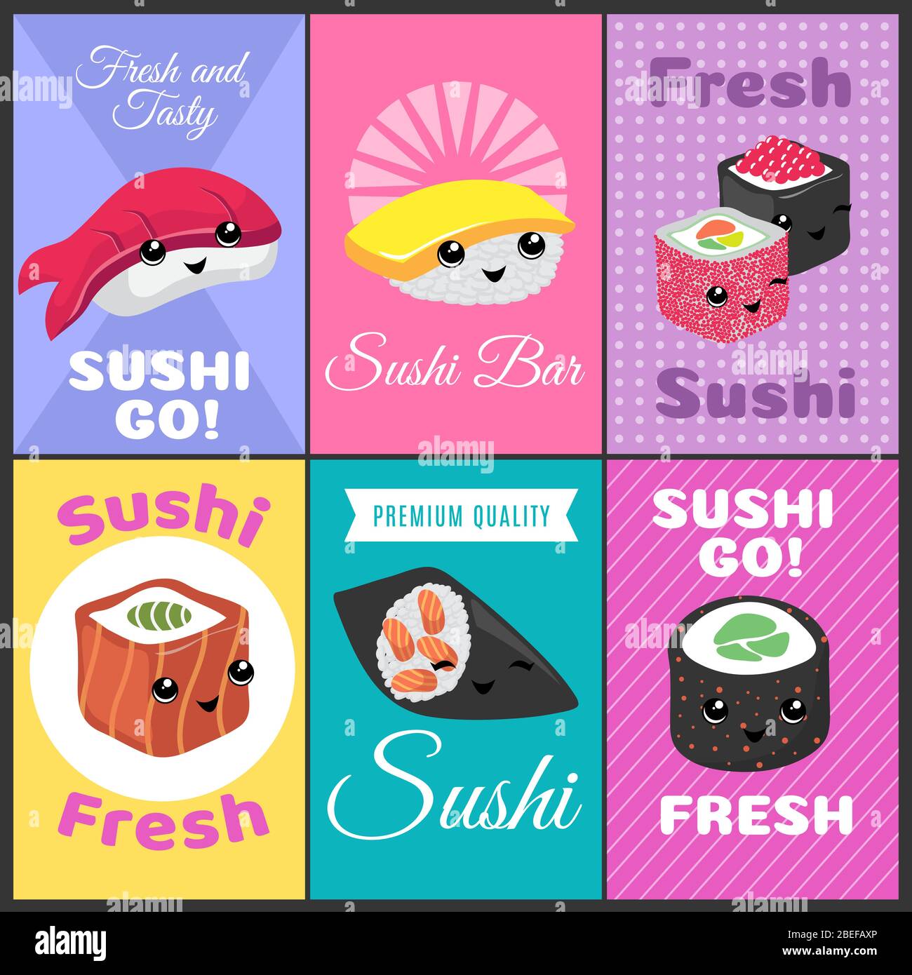 Affiches vectorielles à sushi vintage dans le style comique japonais. Bar à sushi avec bannière de couleur, illustration du menu japonais Illustration de Vecteur