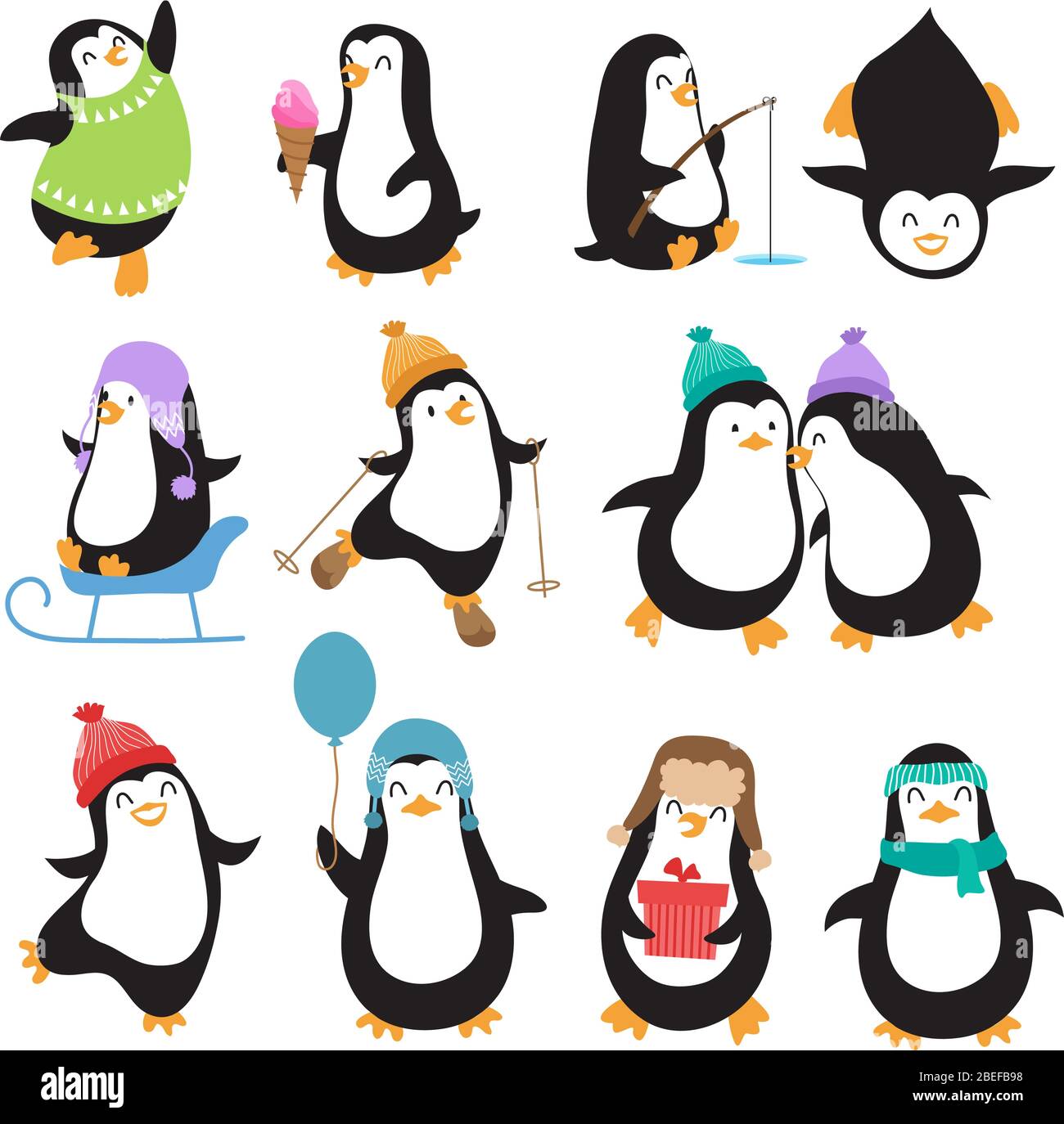 Personnages vectoriels de pingouins de noël bizarres. Ensemble d'animaux de pingouin avec glace et illustration de pêche Illustration de Vecteur