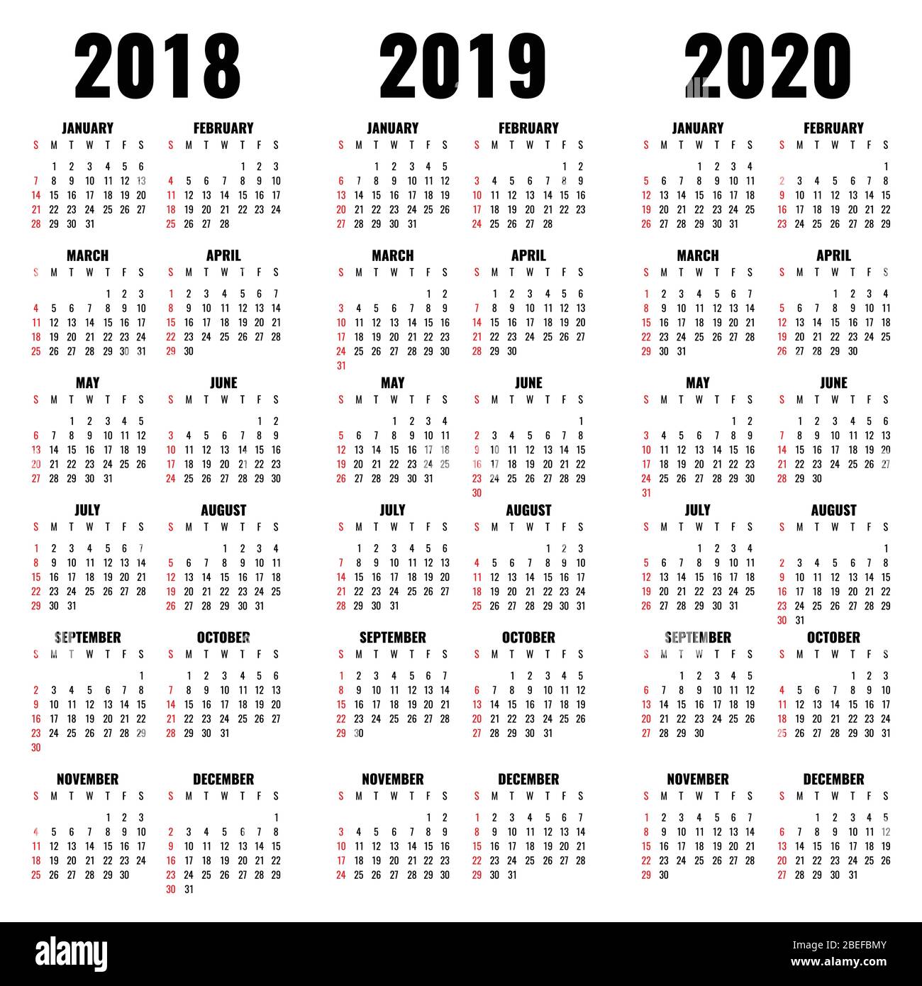 Modèle de calendrier vectoriel 2018, 2019 et 2020 ans. Illustration du calendrier de l'année et de l'illustration mensuelle Illustration de Vecteur
