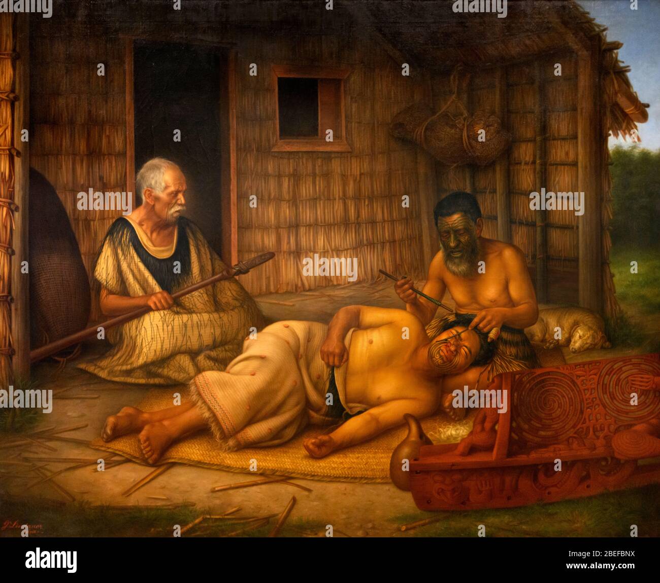 Le Tohunga-ta-moko à l'œuvre par Gottfried Lindauer (1839-1926), huile sur toile, 1903 Banque D'Images