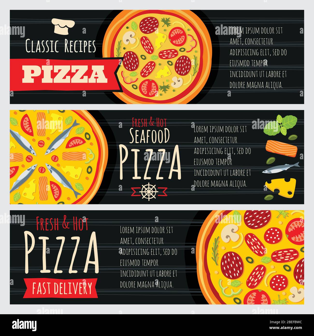 Restaurant italien pizza et pizzeria banners horizontaux vectoriels. Illustration vectorielle des prospectus de pizza Illustration de Vecteur
