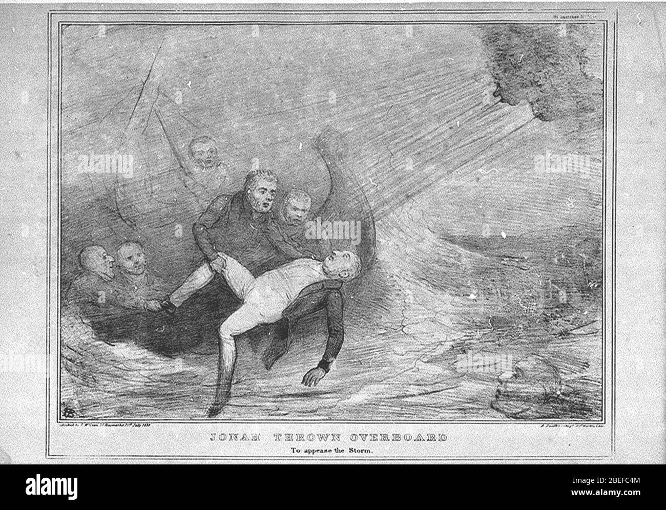 Esquisses HB n° réf. Jonas a lancé un surbord pour apaiser la tempête (caricature) Banque D'Images Esquisses HB n° réf. Jonas a lancé un surbord pour apaiser la tempête (caricature) Banque D'Images