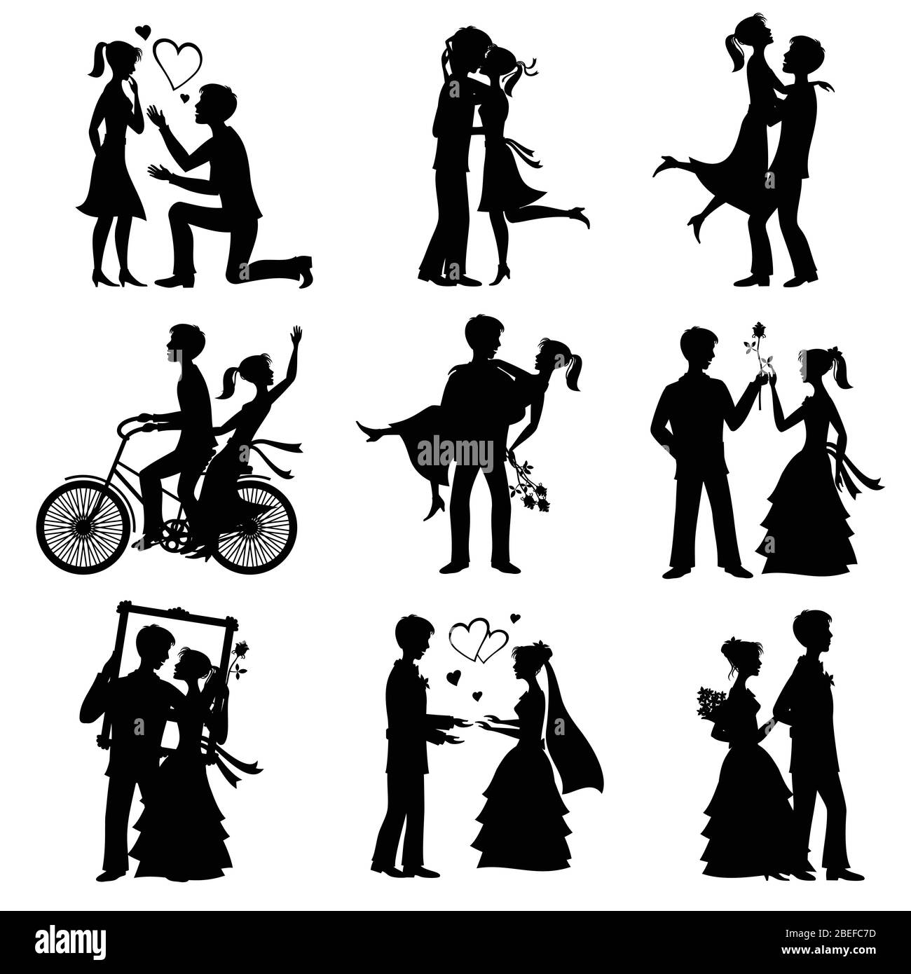 Romantique amour couples silhouettes vectorielles pour la Saint Valentin et carte de mariage. Couple mariage et amour romantique, homme de Valentin et illustration de femme Illustration de Vecteur