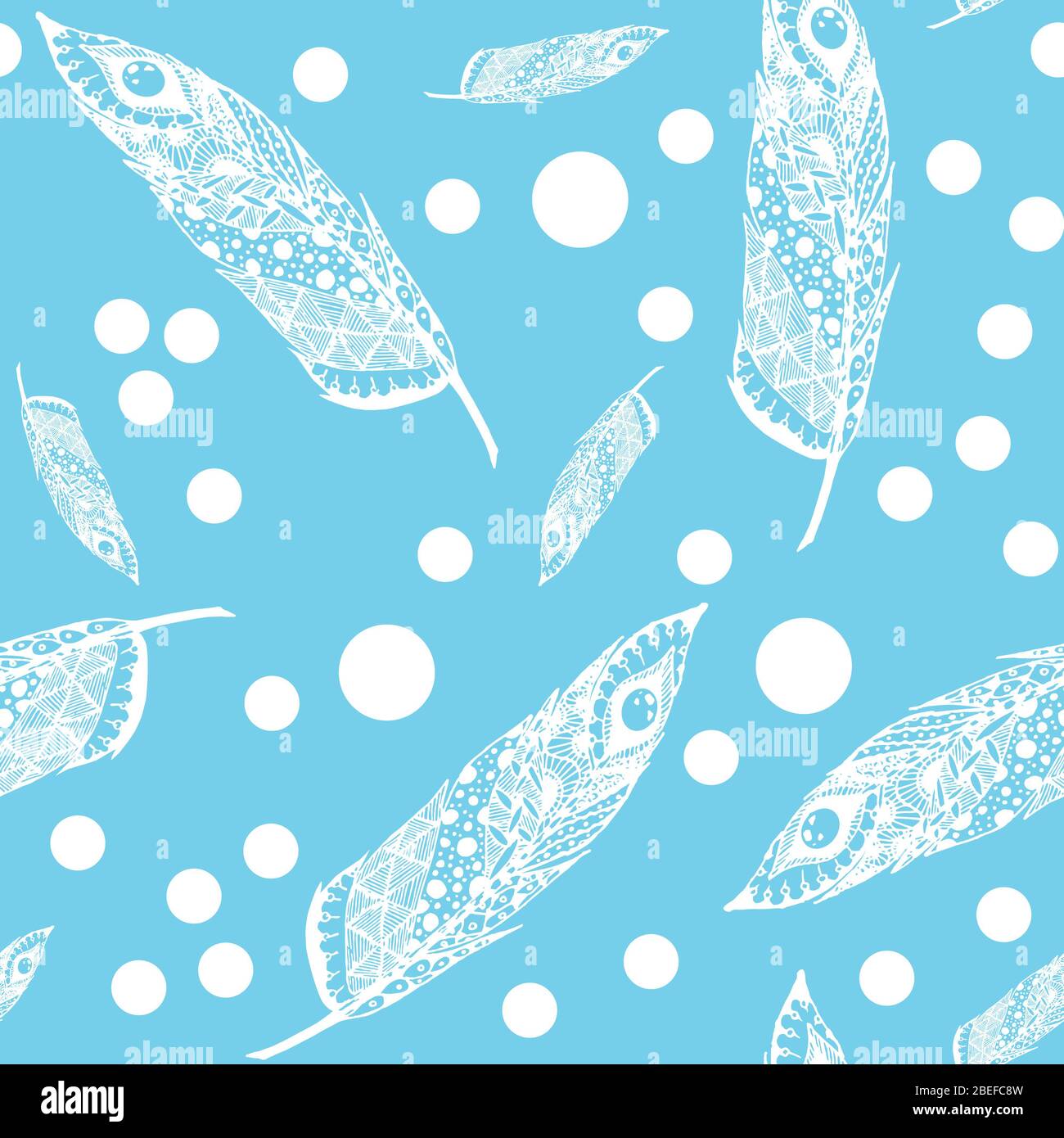 Plume de gribouille dessinée à la main isolée de l'arrière-plan. Illustration bleue et blanche avec différents ornements. Banque D'Images